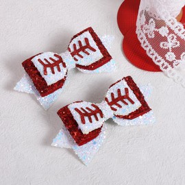 Baseball Hair Bow Clips 4in Glitter Sparkly White Red Sequin Alligator Barrettes for Cheerleader Girls Teens Kids Women Back School Gift Sports Game Day Dress Decoration Accessory