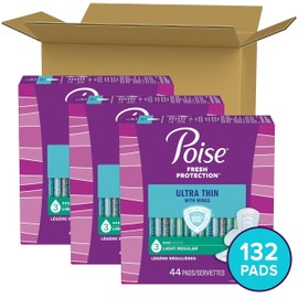 Poise Ultra Thin Incontinence Pads with Wings & Postpartum Incontinence Pads, 3 Drop Light Absorbency, Regular Length, 132 Count, Packaging May Vary