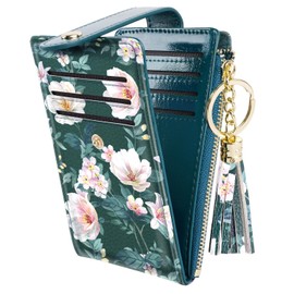 Simikol Slim Card Holder Wallet for Women RFID Blocking Leather Multi Card Bifold Wallet with Tassel Zipper Coin Pocket, Dark Green Flower