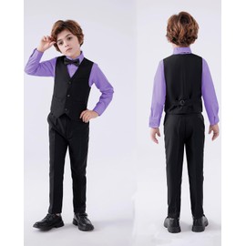 Boy's 5-Piece Suit, Boys' Formal Suit Set with Vest Pants and Tie, Boys Formal Dresswear Vest Set, Toddler Boy Vest Set Purple Shirt Size 10