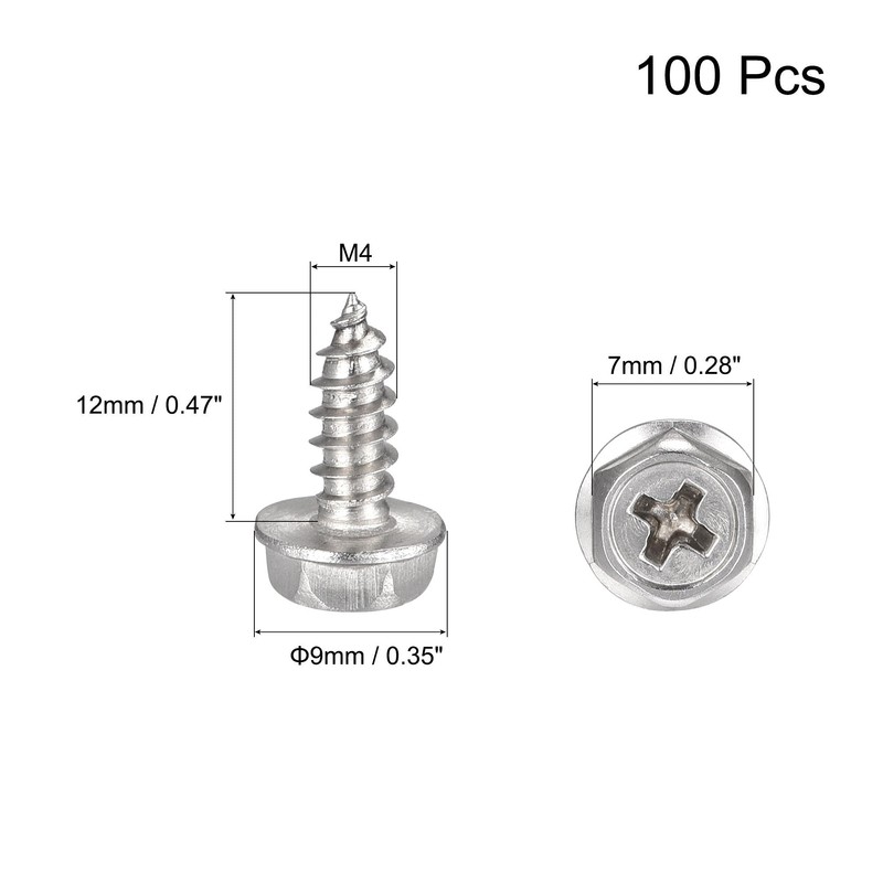 sourcing map Phillips Hex Washer Self Tapping Screws, M4 x