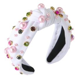 Gmmidea Pearl Women’s Knotted Headband Colorful Rhinestone Crystal Jeweled Headband Beaded Wide Top Knot Hairband Sparkly Fancy Decorative Headband for Ladies Girls White-1
