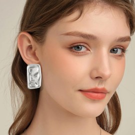 Chunky Gold Rectangle Earrings for Women Trendy Thick Square Stud Earrings Gold Silver Geometric Statement Earrings Dainty Jewelry Gift for Girls