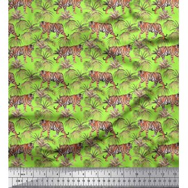 Soimoi Cotton Cambric Fabric Leaves & Tiger Jungle Fabric Prints by metre 42 Inch Wide