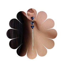 Aneneiceera Vintage Triangle Sapphire Earrings Gold Metal Slim Chain Earrings Triple Triangle Stud Earrings Blue Crystal Earrings Long Slim Tassel Chain Earrings Jewellery for Women and Girls, Zinc