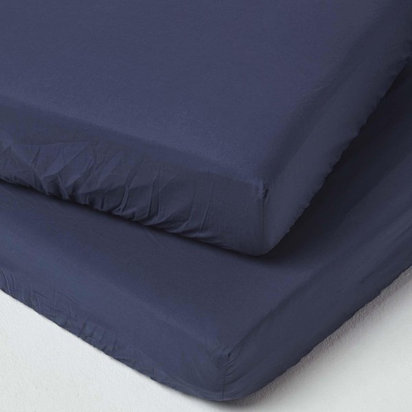 HOMESCAPES Navy Cot Bed Fitted Sheets 70 x 140 cm 2 Pack 100% Egyptian Cotton Percale Soft Hypoallergenic Toddler Bed Sheet Fully Elasticated Skirt Breathable Easy Care 200 TC 400 Thread Count Equiv