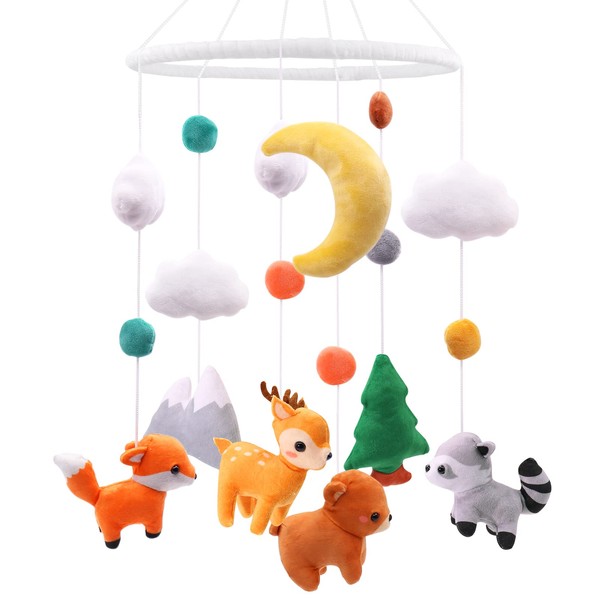 Forest Mobile Baby with Felt Animals Fox Raccoon Deer Bear Mountain Countryside Element Decoration Mobile Bell Baby Bed Gift for Christening Birthday