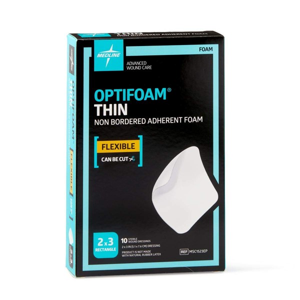 Medline Optifoam Thin Adhesive Foam Dressings, Sterile, 2" x 3" (Pack of 10)