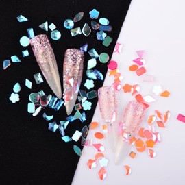 100pcs Nail Art Crystal Diamonds Set, Mixed Rhinestones Nail Gems Iridescent Glass Mini Beads, Multi-Shape Flat Back Shiny Nail Decoration Jewels for Nail Art DIY Crafts (Soft Green)