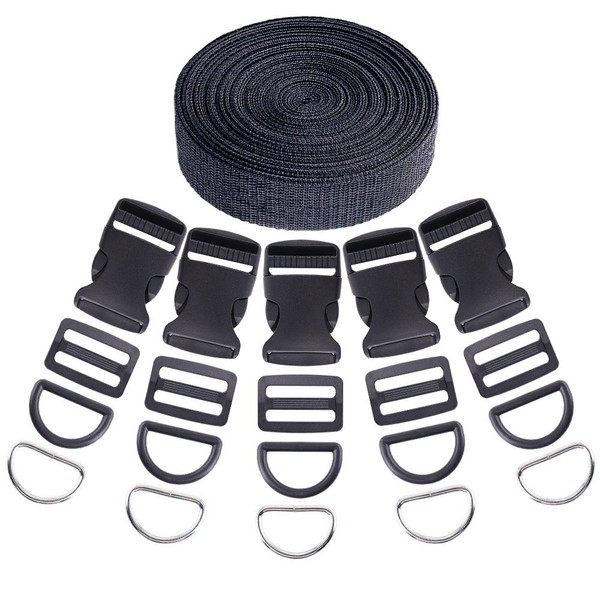 Swpeet 41Pcs 5/4 Inch DIY Making Bag Kit, Flat Side Release Buckles and Tri-glide Slides and D Rings with 1 Roll 5 Yards Nylon Webbing Straps for DIY Making Luggage Strap, Pet Collar