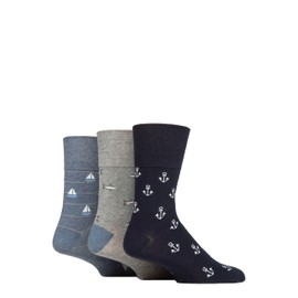 SockShop Gentle Grip Mens Socks - Soft Cotton, Holiday Themed Pattern, Non-Binding Honeycomb Gentle Top, 3 Pair Multipack Size 6-11 Anchor/Boat/Shark