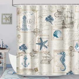 Bonhause Shower Curtain Maritime Nautical Anchor Lighthouse Sailboat Shower Curtains 180 x 180 cm Anti-Mould Waterproof Polyester Fabric Washable Bathroom Curtain for Bathroom with 12 Hooks