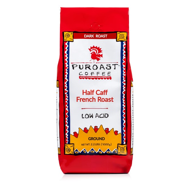 Puroast Low Acid Ground Coffee, Premium Half Caff French Roast, High Antioxidant, 2.2 lb