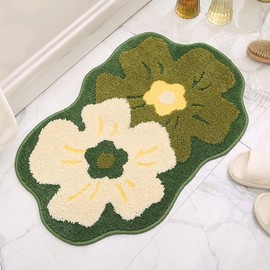 Loismood Flowers Bath Carpet Super Absorbent Non Slip 17x27 Inches Bathroom Mat Machine Washable and No Shed Rug for Shower, Sink and Balcony (Dark Green)