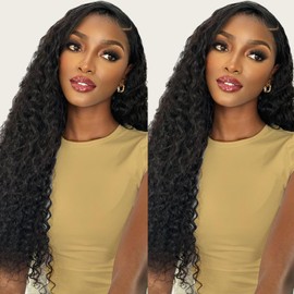 ONICE Glueless Wigs Human Hair Pre Plucked 5x5 HD Lace Closure Human Hair Wigs For Black Women 5x5 Curly Human Hair Wig Glueless Wear And Go Deep Wave Wig (Natural Black,22Inch)