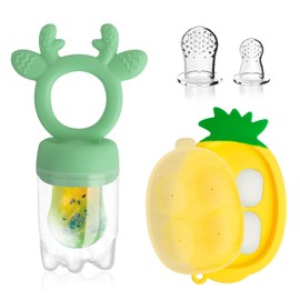 HAOBAOBEI Baby Fruit Food Feeder - Silicone Nibble Tray Combo - Breastmilk Popsicle Mold for Baby Cooling Relief, BPA Free Baby Mesh Feeder for Infant Self Feeding (Deer Green + Pineapple)