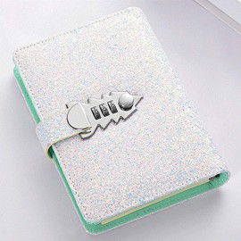 Lockable Notebook Refillable PU Leather Password Diary Planner Organizer A6 Lined Notepad Personal Sketchbook with Lock and Pen Holder Glitter White