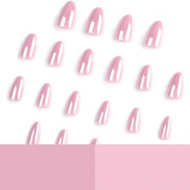 Light Pink Chrome Press on Nails Short Almond Fake Nails Glossy Pink Pearl Aurora Full Cover False Nails Bling Mirror Effect False Nails Reusable Glue on Nails for Women Girls Daily Wear 24Pcs