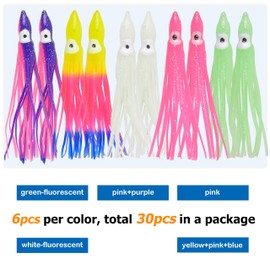 Fishing Squid Skirts Octopus Lures, Glow Soft Plastic Fishing Baits Hoochie Trolling Lure Saltwater for Bass Salmon Trout Multicolored 7cm 9cm 11cm, 20pcs (Mixed 5 Colors, 11cm/4.33in-30pcs)