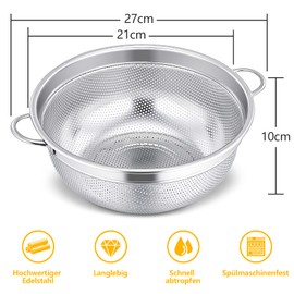 Onader Stainless Steel Pasta Strainer Kitchen Strainer with Handles, Metal Micro-Perforated Colander for Pasta, Rice, Vegetables, Fruits, Dishwasher Safe - 20 cm
