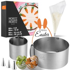 Moritz & Moritz Baking Frame Set, Round, Diameter 5-10 x 5 cm and Diameter 16-30 x 8 cm, 2 x Adjustable Stainless Steel Baking Rings with Baking Accessories, 10 Piping Bags and 3 Attachments