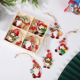 REACLOUD Christmas Gnome Ornaments 12 PCS Wooden Christmas Tree Hanging Decorations Christmas Tree Ornaments Gnome Santa Doll Wooden Hanging Craft Party Supplies with Box (Red)