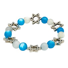 Jewish Bracelet for Women & Men - Am Y'Israel Chai 8mm Blue Agate, Cat's Eye Stone, & Star of David Bracelet -7.25cm Israel Bracelet for Judaica Gifts & More - Judaic Gems Jewish Jewelry for Women