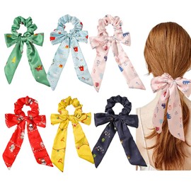 6PCS Christmas Hair Scarf Scrunchies Hair Bows for Women Girls, Bow Scrunchies with Ribbon Silk Bow Hair Rope Ties for Christmas Costume Party (Christmas Tree, Elk, Bell)