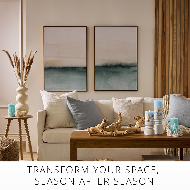 Luminara Flameless LED Candle Soft Teal Embedded Seashell & Starfish