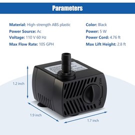 Bomba de agua sumergible de 105 GPH con cable de alimentación de 5 pies y 2 boquillas de 5 W ultra silenciosa mini bomba de fuente con 3 pies de alto elevación para acuario para tanque de