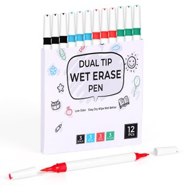huesamhi Dual Tip Wet Erase Markers, Low Odor & Easy Clean, 4 Color 12 Pcs for Whiteboards, Glass, Home Office – Ideal for Teachers, Students, Creatives