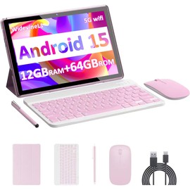 IWEGGO Android 15 Tablet, 10 inch 12GB RAM+64GB ROM/ 1TB Expansion, 1.8Ghz Quad-core Processor, 8MP Camera 6000mAh Battery, 1280*800 HD Touchscreen, 2 in 1 Tablets with Keyboard Case Mouse Stylus Pink