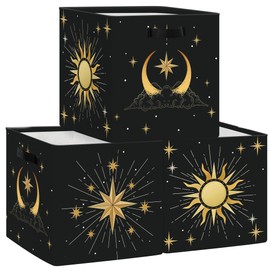 HUUMONSS 11.8" Sun Moon Celestial Storage Cube Organizer Set 3Pcs Clothes Storage Basket Bin for Closet Shelf Mid Century Modern Nursery Bedroom Book Toy Chest, Black Gold
