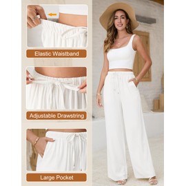 Jyanl Linen Pants for Women Flowy Palazzo Pants Boho High Waist Wide Leg Trousers Summer Beach Vacation Outfits 2025 White