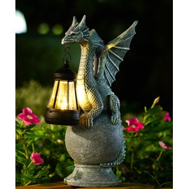 Qeeman Dragon on Ball with Solar Lantern Statues: Garden Decor Outdoor Decorations Art Figurine for Patio Balcony Yard Lawn