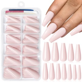 Lifextol 120PC Pink Coffin Press on Nails Long Fake Nails Press ons with Glue Nail Adhesive Tabs, 12 Sizes Long Acrylic Nails Press on Nails Coffin Pink Stick Nails Tips Artificial Fingernails