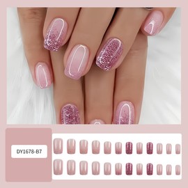 24Pcs Glitter Press on Nails Short Square Cute Fake Nails with White Ombre Design Spring Summer Nail Tips Full Cover Glossy Stick on Nails Pink False Nails for Women Party DIY Decor