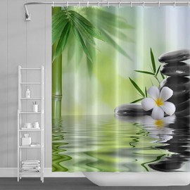SDOTPMT 122 x 183 cm Water Spa Shower Curtain Green Bamboo Leaves Orchid Blossom Natural Bath Curtain Zen Meditation Basalt Stones Flowers Bath Curtain for Children Bathroom Polyester with Hooks