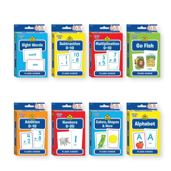 B-THERE Bundle of 8 School Zone Flash Cards, Pre-K - 4th Grade. Sight Words, Subtraction, Multiplication, Go Fish, Addition, Numbers, Colors & Shapes and Alphabet