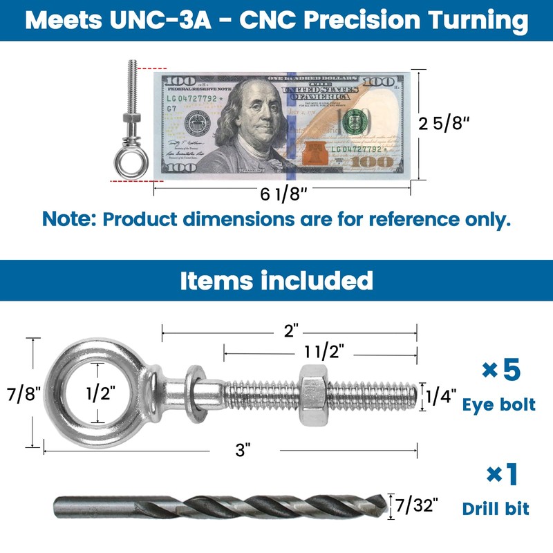 Muzata 5 Pack 1/4" x 2" Eye Bolt T316 Stainless
