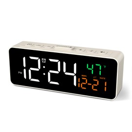 Netzu 3-in-1 Small Digital Clocks for Living Room with Temperature, Date & Time Display - 4 Levels Birghtness, 3 Volumes, Compact Plug-in Alarm Clock for Bedroom, Office (White)