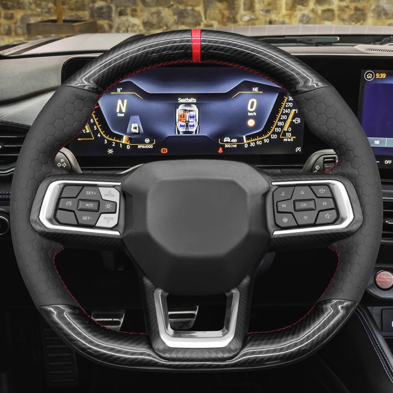 MEWANT Steering Wheel Cover for Ford Mustang 2024 Hand-Stitched Leather