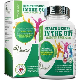 Vitential Nutrition Probiotics for Adults - 60 Vegan Tablets - High Strength Acidophilus Lactobacillus Probiotic Supplements – Promotes a Healthy Digestive & Colon Cleanse - Treatment for Men & Women
