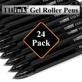 [24 Pens - Black Ink] Think2 0.7mm CGI Retractable Gel Pens. (24 Black) Medium Point Rollerball Pens with Smooth Quick Drying Ink.