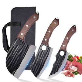Butcher Knife Set with Bag，Serbian Chef Knife Full Tang High Carbon Steel Meat Cleaver for Meat Cutting Processing,Hand Forged Viking Carving Knife，Outdoor BBQ Camping Knife (3 kitchen knife)
