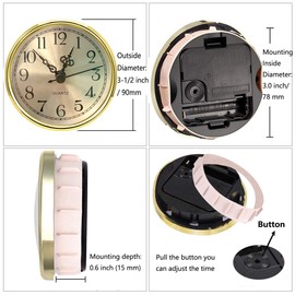 HILLHOME Mini Round Quartz Clock - 3.5 Inch (90 mm) Gold Dial, Gold Tone Bezel, Arabic Numerals, Fits 3.0 inch (78 mm) Hole