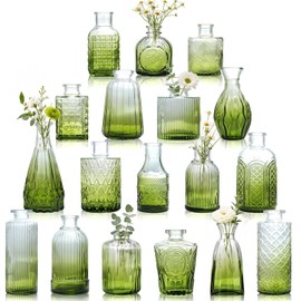 Petal Petite Small Green Glass Bud Vase Set of 18 for Wedding Centerpieces | Green Glass Vase, Mini Bud Vases in Bulk, Vintage Flower Vase Set for Single Stem, Home and Office Decor