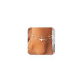 SCTHCS Silver Ankle Bracelet for Women Dainty Non Tarnish Cute Layered 14K Gold Heart Plated Waterproof Summer Beach Heart Bead Cuban Chain Trendy Ankle Bracelet Set for Women Gold Jewelry gifts