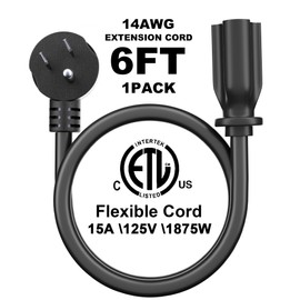 POWGRN 6 Foot Flat Plug Extension Cord Black, 14/3 Gauge Indoor Short Extension Cable, 15A 1875W 125V 14AWG, 3 Prong Low Profile Power Cord, ETL Listed