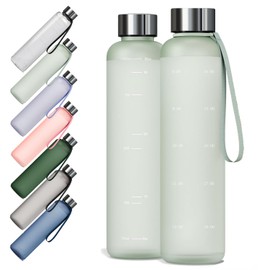 KONARO Water Bottle with Time Marker, Large Capacity, Tritan 33.8 fl oz (1000 ml), BPA Free, Includes Carrying Rope, Matte Light Green